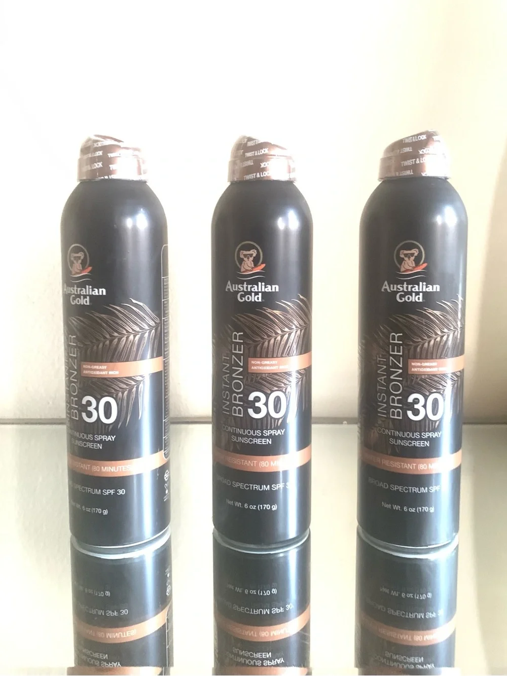 (3Pk)Australian Gold Instant Bronzer-Continuous Spray Sunscreen-SPF 30-Exp.8/28